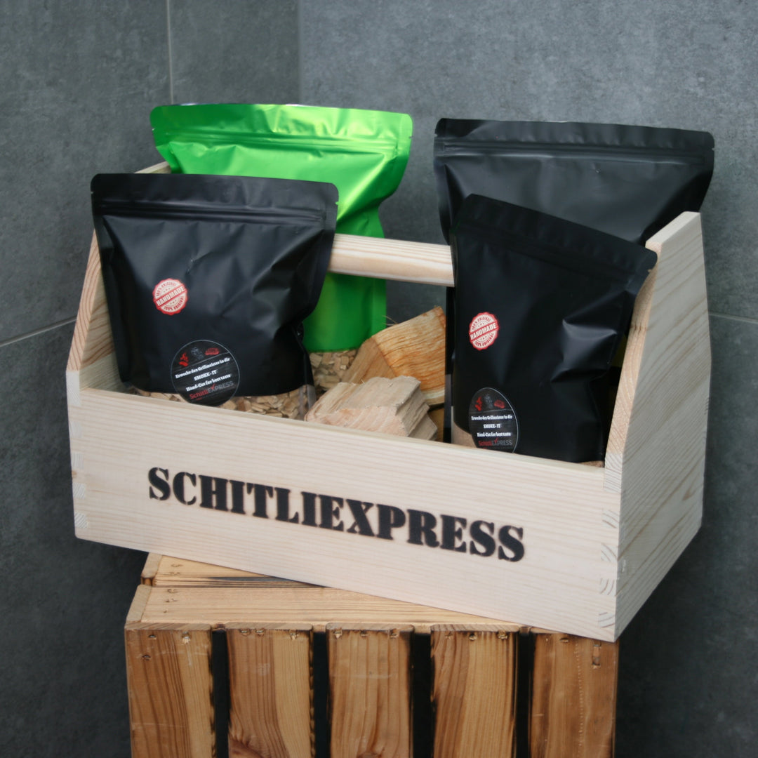 Smoke-it, Bundle, Premium, Geschenk, BBQ-Handtasche, Räuchermehl, Räucherspäne, Wood Chips, Wood Chunks, Räucherbrett, BBQ, Smoker