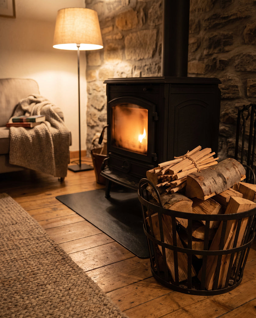Cast-iron wood stove with a calm fire, next to a basket of split beech logs and a bundle of kindling